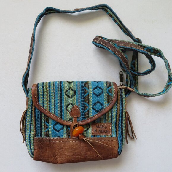Blue Tribal Multicolor Cotton Leather Crossbody Purse Bag Handmade in Nepal - Picture 1 of 8